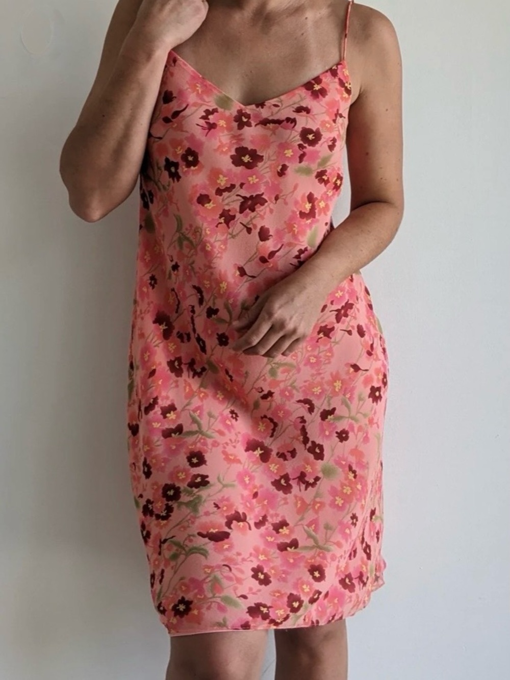 Loft slip silk dress in a bright pink floral print, lined